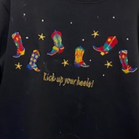 QUACKER Applique BLACK Western SWEATSHIRT "Kick Up Your Heels" BOOTS ~ M / L - Picture 2 of 6